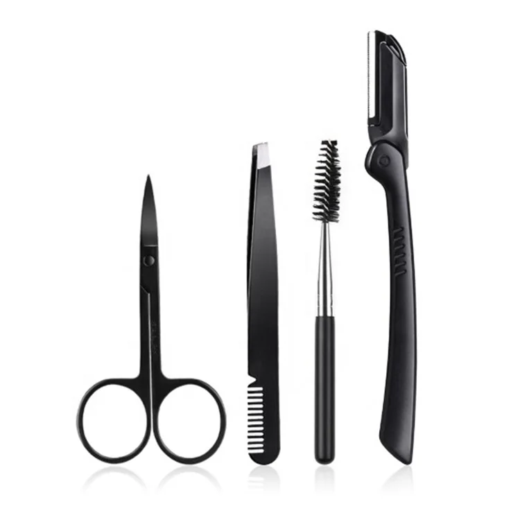 

4pcs/Set Black Eyebrow Tweezer Scissors Razor Eyelash Brush Set Nose Eyelash Hair Removal Stainless Steel Makeup Tools