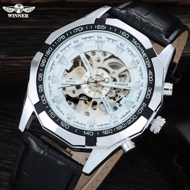 

WINNER brand men mechanical watches automatic skeleton watches fashion casual leather wristwatches silver clock reloj hombre, Black;silver