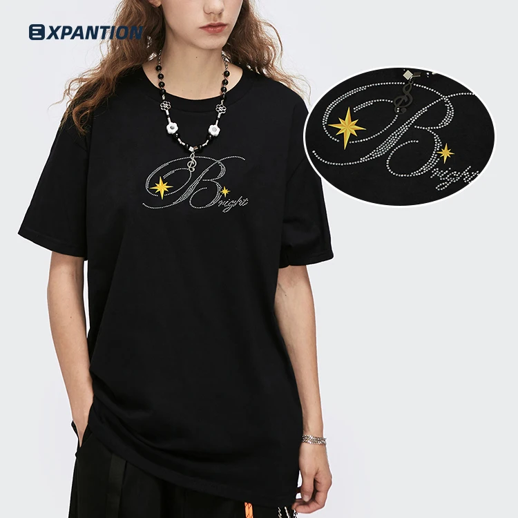 

EXP summer streetwear drop shoulder o-neck wholesale fashion cotton custom rhinestone transfer t-shirt, 2 colors