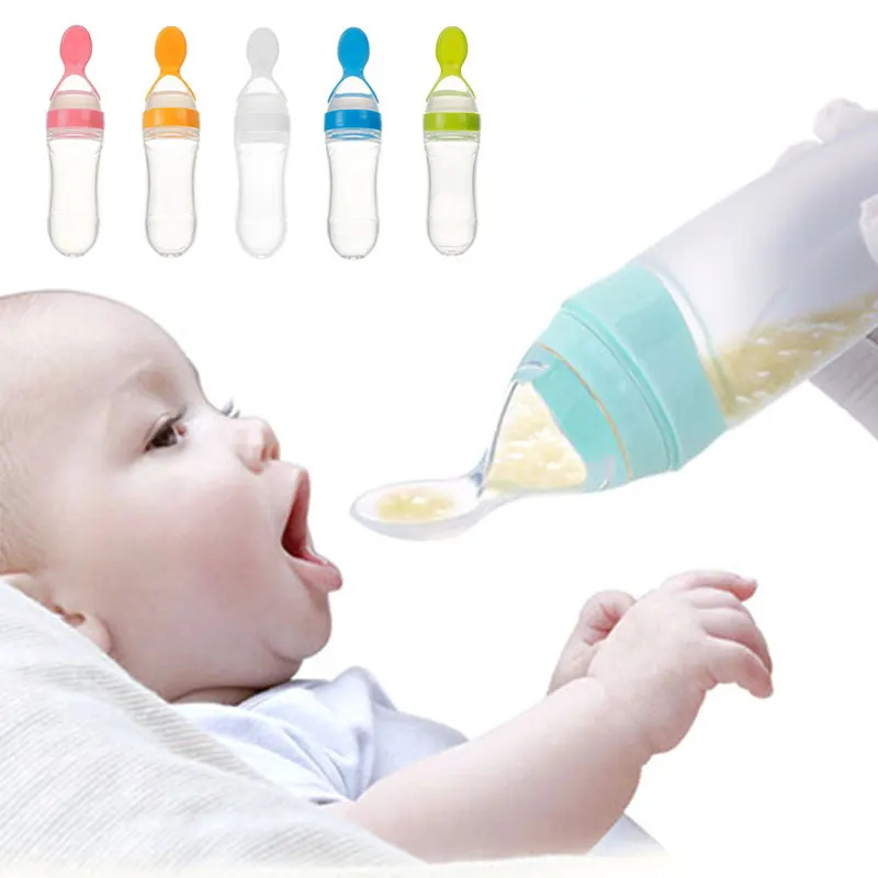 

90ml 3oz Tableware Auxiliary Silicone Baby Spoon Squeeze Rice Paste Bottle Feeder, Pink, blue, green, yellow, white