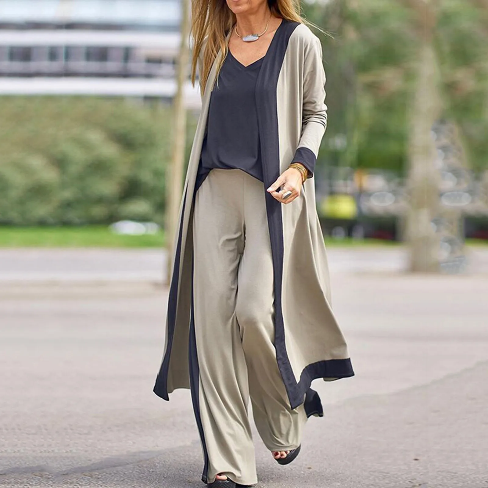 Wholesale 2023 Spring Leisure Solid Color Spliced Contrast Tank Top Long Sleeve Cardigan Coat Long Pants Three Piece Women's Set