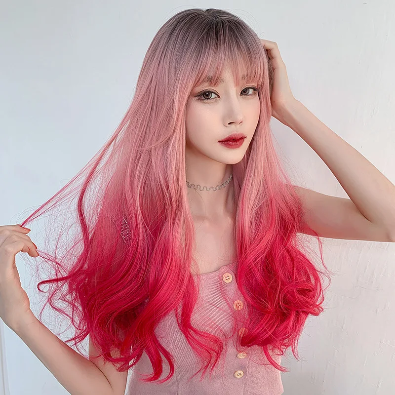 

Ainizi top quality Korean style cute fashion wig 26 inches long wave mermaid pink synthetic hair wig with bangs for women