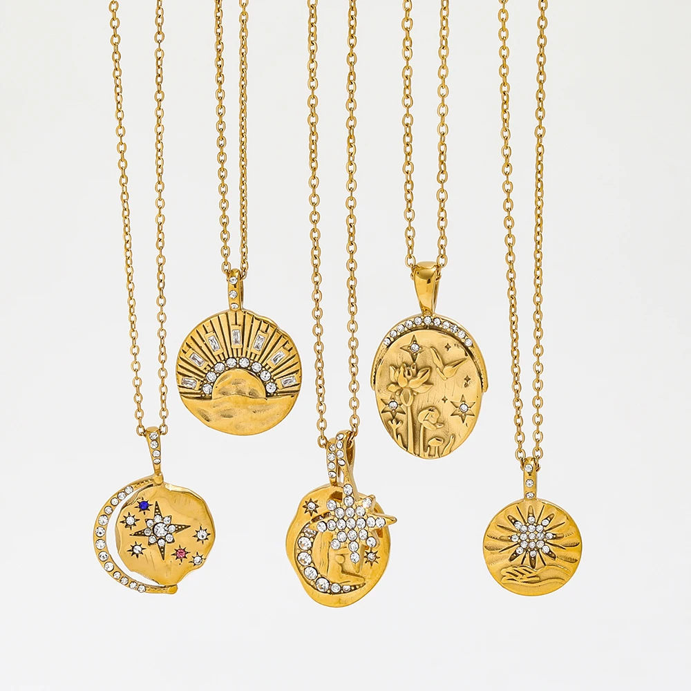 

Joolim 18K PVD Gold Plated Waterproof Tarnish Free Moon Star Sun Zirconia Coin Pendant Stainless Steel Necklace Fashion Jewelry