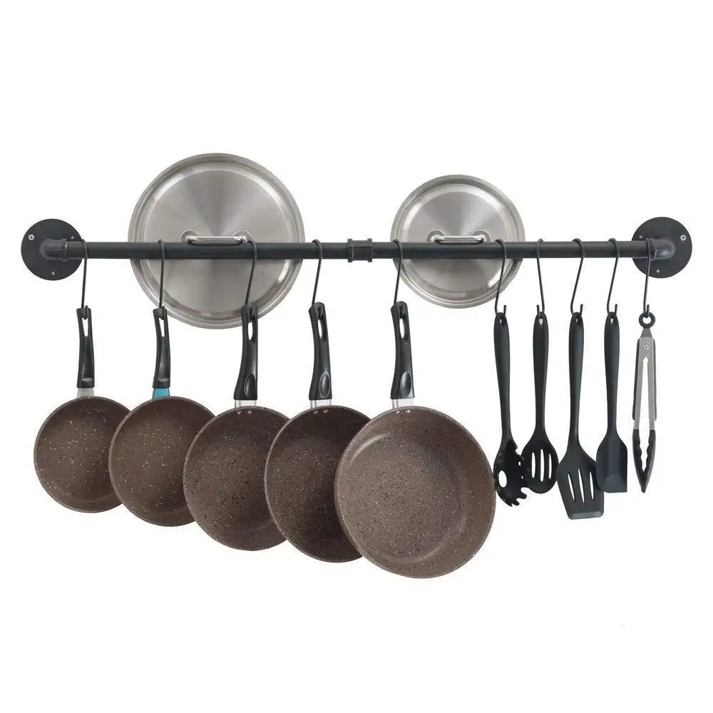 

Multi-Function Wall Mounted Hanging Pot & Pan holder Organizer Rack Lids Industrial Pipe Hanging Rail Pot Rack with 14 S Hooks