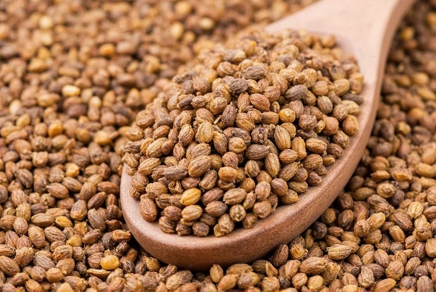 Whole cumin seeds in a wooden spoon against spice background