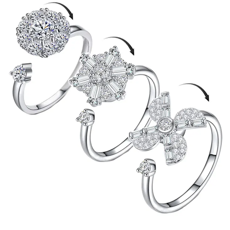 

SC Tiktok Spinner CZ Diamond Fidget Ring Jewelry Personalized Adjustable Rotatable Snow Pinwheel Anti Anxiety Ring for Women, Silver, rose gold