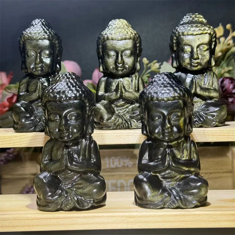 Kindfull 80mm Crystal Buddha Healing Stone Carving Gold Obsidian Buddha for Decoration