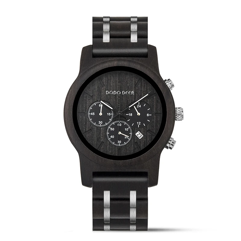 Custom OEM for Relogio Masculino Ebony Wood Stainless Steel Fashion Watch Luminous Calendar Multi-function Display 22mm