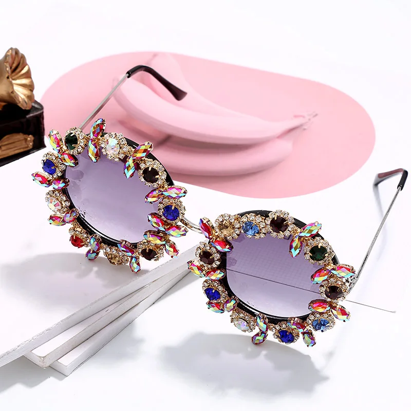 

Hot Selling 2019 Baroque Rhinestone Colorful Round Women Sunglasses, As the pcitures