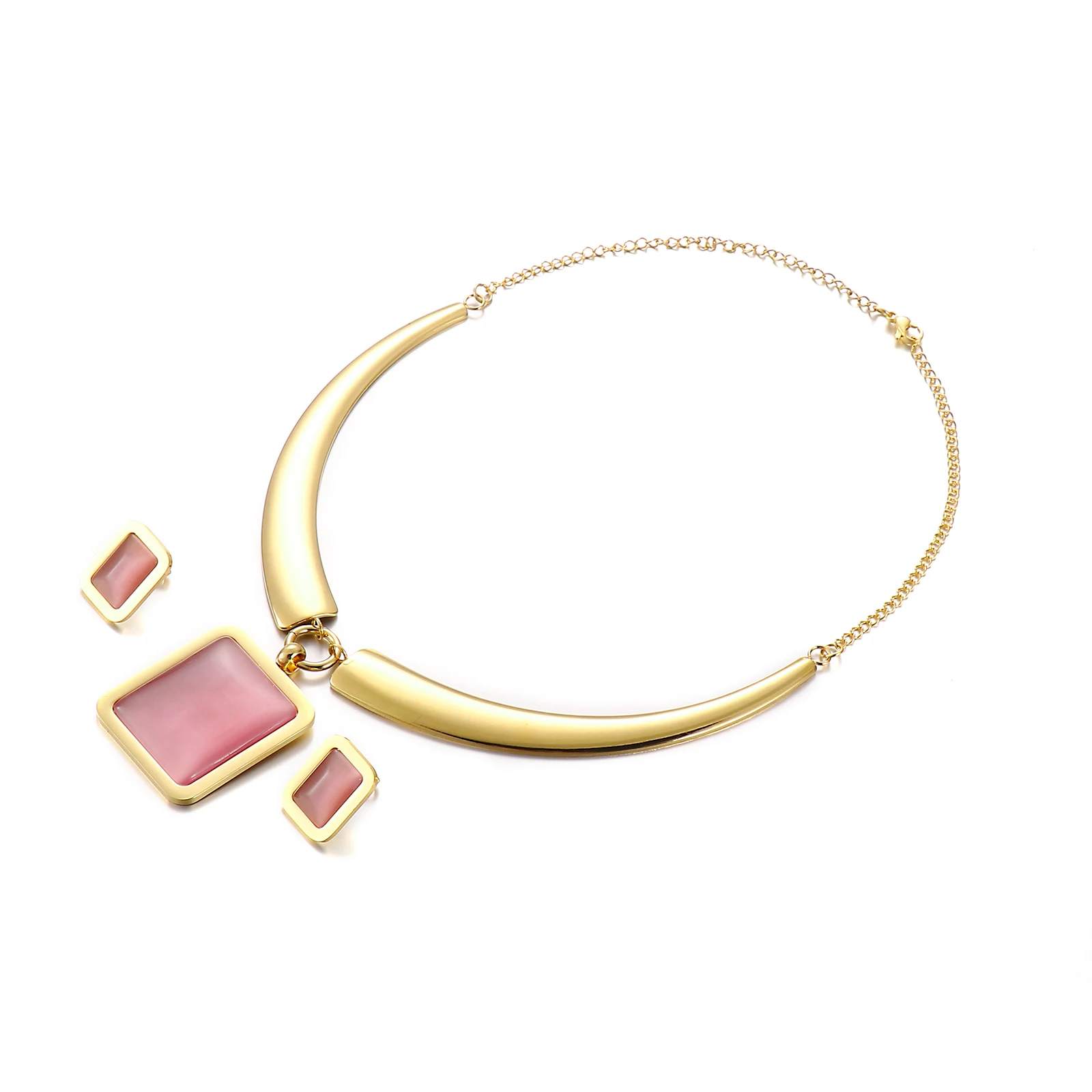 

Off-price Trendy Stainless Steel Tiger Eye Stone Pink Charm Necklace And Earrings Women Set, Gold