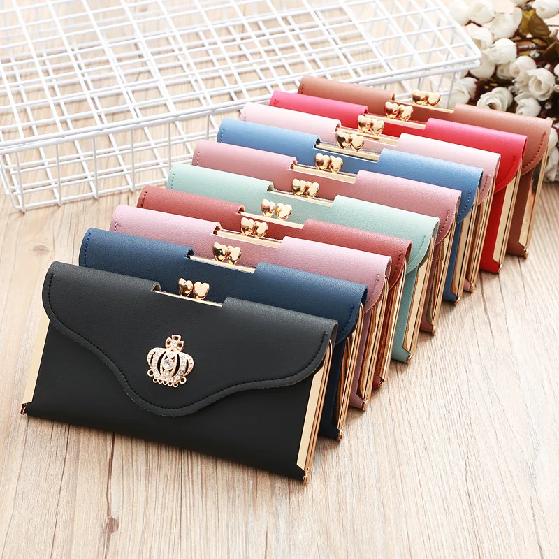 

2021 Trendy Diamond Crown Leather Wallet Women Long Purse Wallet Card Phone Purse Coin Pocket Purse Evening Clutches For Women, As pic shown