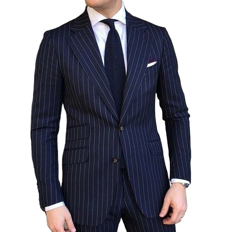 

Navy Blue Striped Business Men's Suit 2024 Slim Fit Pinstripe Formal Wedding Tuxedo Notched Lapel Fashion Suit for Men