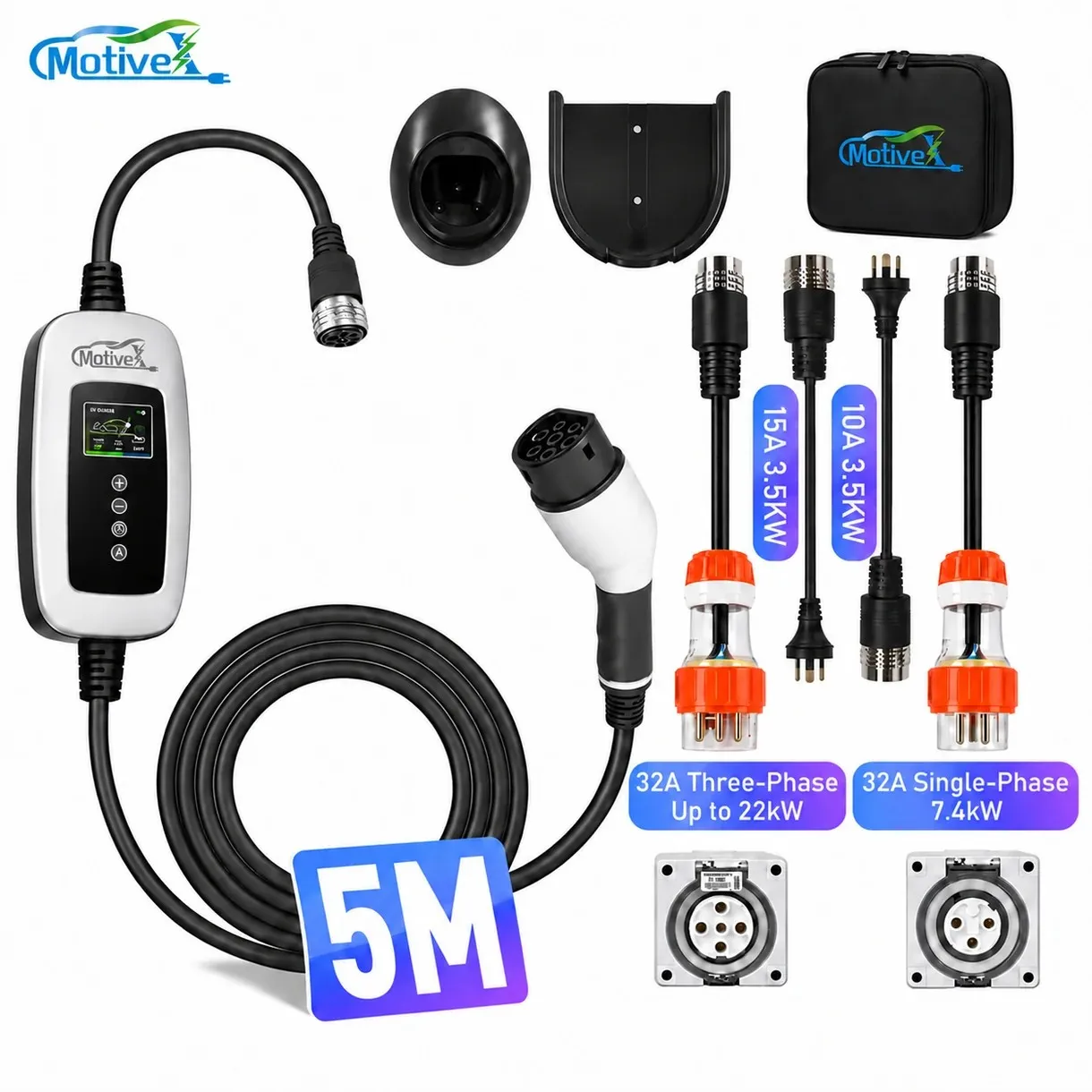 MotiveX Smart Portable EV Charger with 5M cable, carrying case and 15A/10A/32A single-phase/32A three-phase adapters