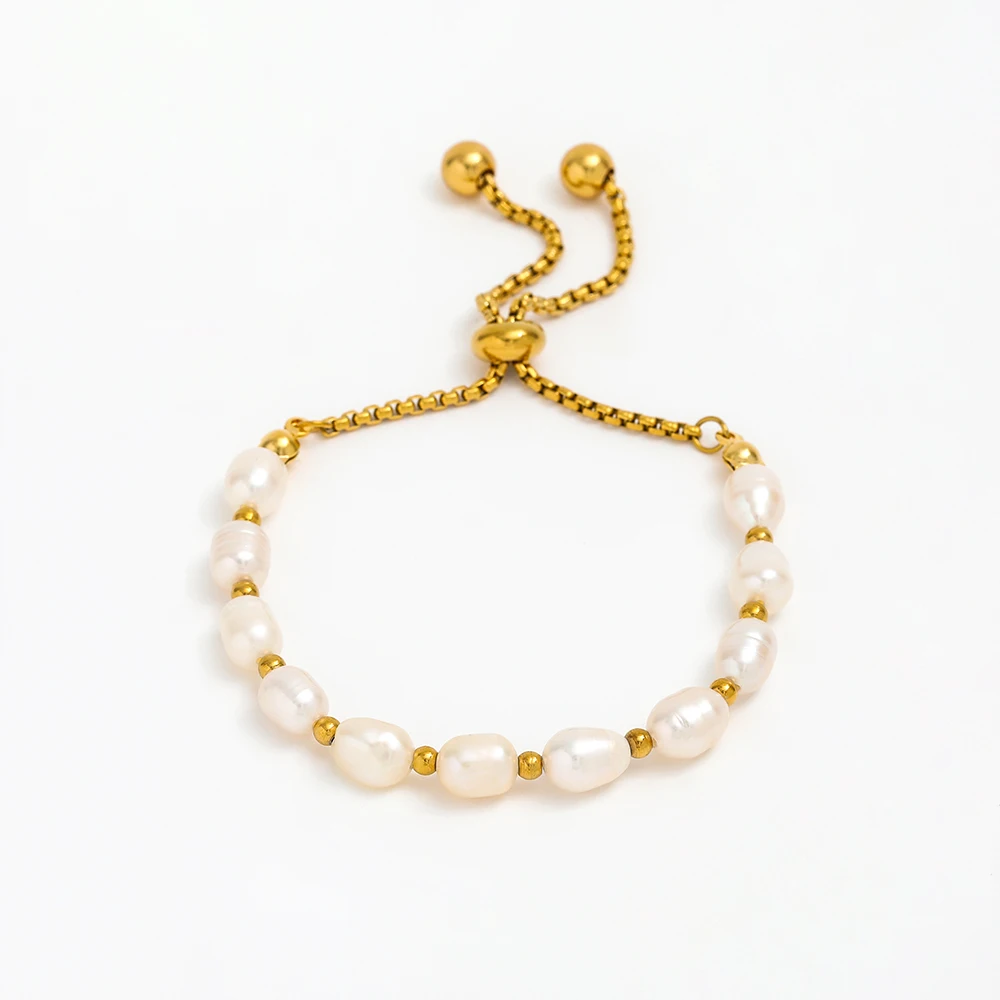 Adjustable 18K PVD Gold Plated Real Fresh Water Pearl Bracelet Stylish Geometric Stainless Steel Gift