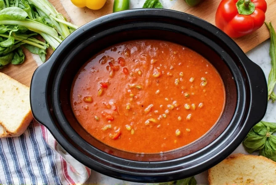 Slow cooker stuffed pepper soup in crockpot with ingredients surrounding it