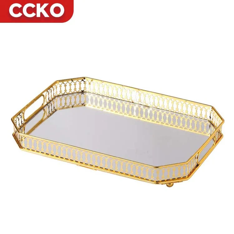 

Gold Steel Tray Luxury Weeding Gift Bar Hotel Mirror Glass Cosmetics Dessert Serving Trays Perfume Jewelry Decorative Trays