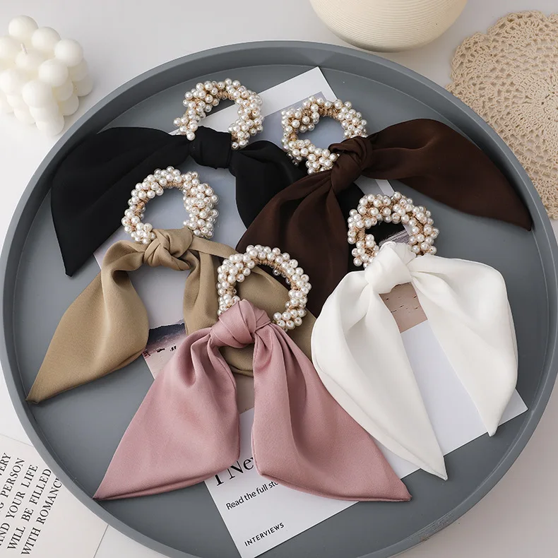 

Bowknot Long Streamer Elastic Pure Color Ribbon Pearl Hair Band Sweet Hair Scrunchies Hair Accessories For Women