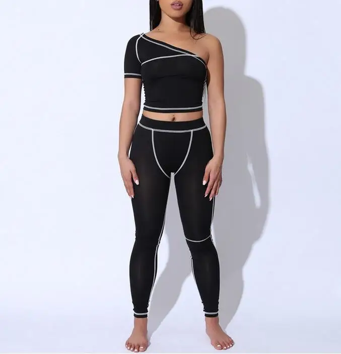 

One shoulder top outfits women fitness sets two pieces pants set, Show as picture or customized