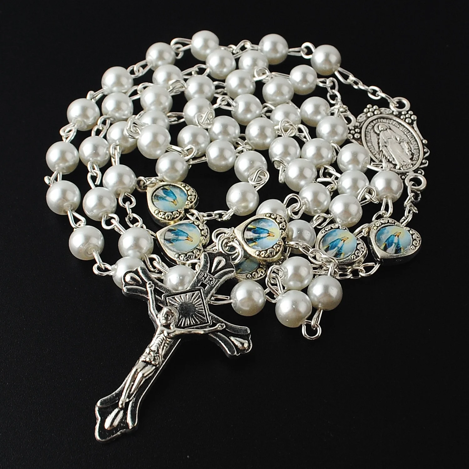 

6mm White Color Glass Pearl Beads with Miraculous Epoxy Heart Metal Bead Rosary with Virgin Mary Center and Anti-Silver Crucifix