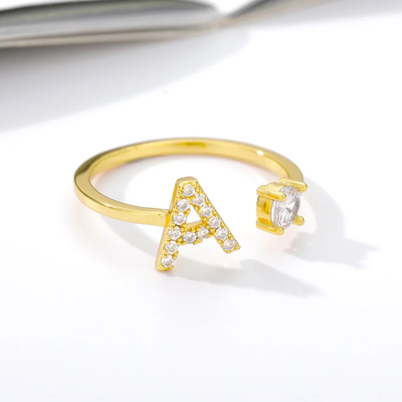 

Personalized 18K Gold Plated Cubic Zirconia Initial Letter Open Ring Crystal A-Z Alphabet Letter Engagement Wedding Ring