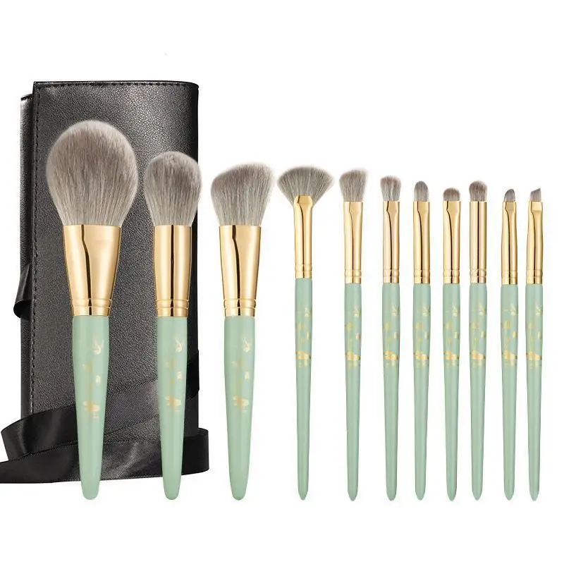 

Amazon Best Seller Luxury 14pcs No Logo Beauty Tools Professional Flat Kabuki Foundation Makeup Brushes Sets, Green