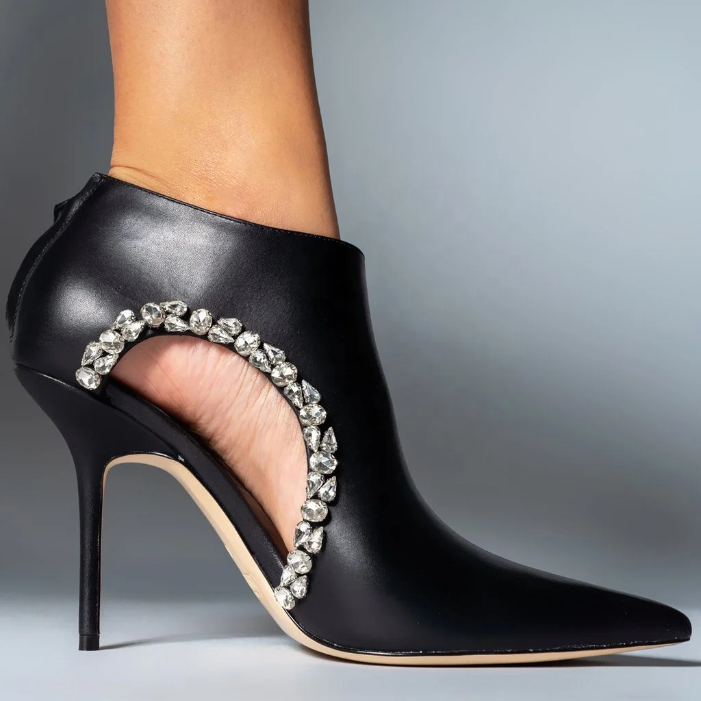 

Black leather upper diamonds stones hollowing out high heel fashion lady boots