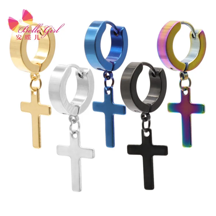 

BELLEGIRL 2021 hot selling Wholesale fashion hiphop men hoop earrings trend stainless steel cross stud earrings, As the picture