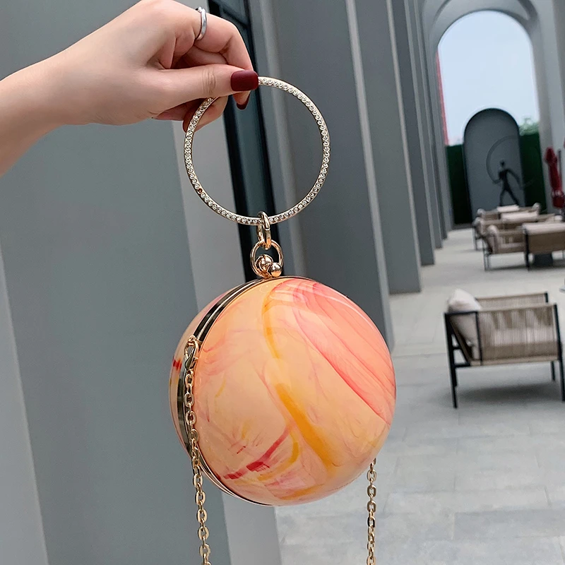 

Drop shipping Acrylic ladies handbag transparent spherical shape mini candy color jelly bag with chain sling crossbody bag, White pink red