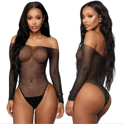 

2021 See Through Temptation Bodysuit Sheer Mesh Femme Hot Transparent Shiny Sequin Fishnet Women Rhinestone lingerie-sexy