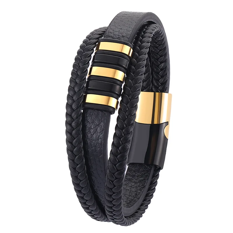 

Stainless Steel Round Circle Metal Buckle PU Leather Bracelet Braided Multi Layers Black PU Leather Bangle Bracelet