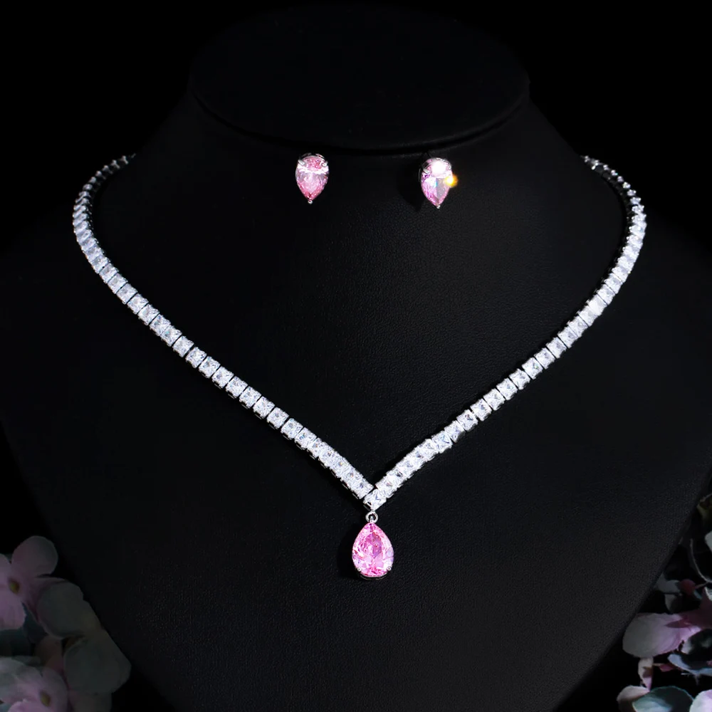 Elegant Shiny Pink Cubic Zirconia Stone Female Gift Wedding Engagement Party Necklace Bridal Jewelry Sets with Wholesale Price