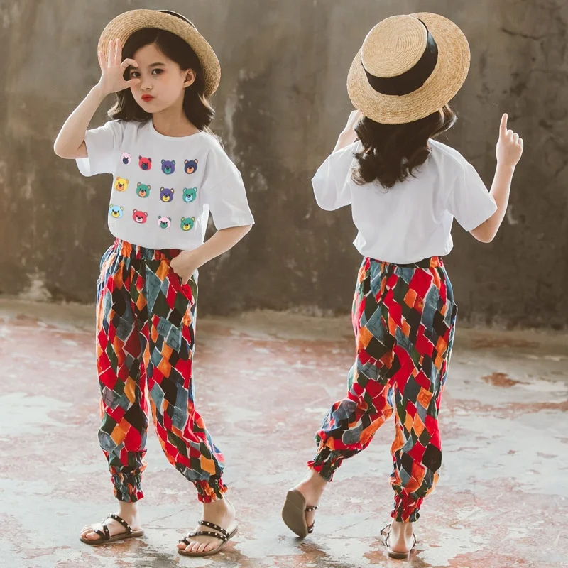 

2021 Girls Clothes Sets Outfits Summer Short T-shirt + Long Pants Teen Kids Children Clothing Suits 5 6 8 9 10 12 Years