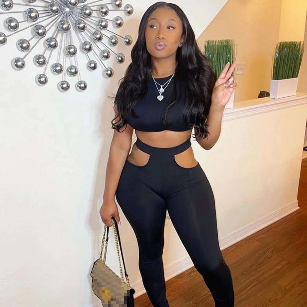 

Trending 2021 Summer New Casual Solid Short Sleeve Hollow Out 2 Piece Pant And Crop Tops Set Sexy Women Sets Two Piece Pants Set, Yellow,orange,red,blue,black