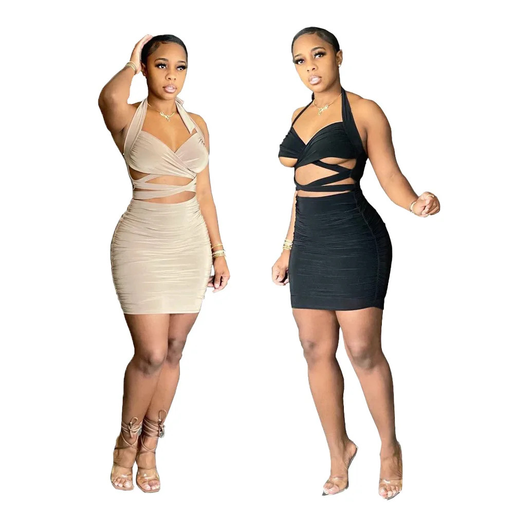 

Wholesale European and American women's lace-up bag hip skirt tube top sexy dress NY8047