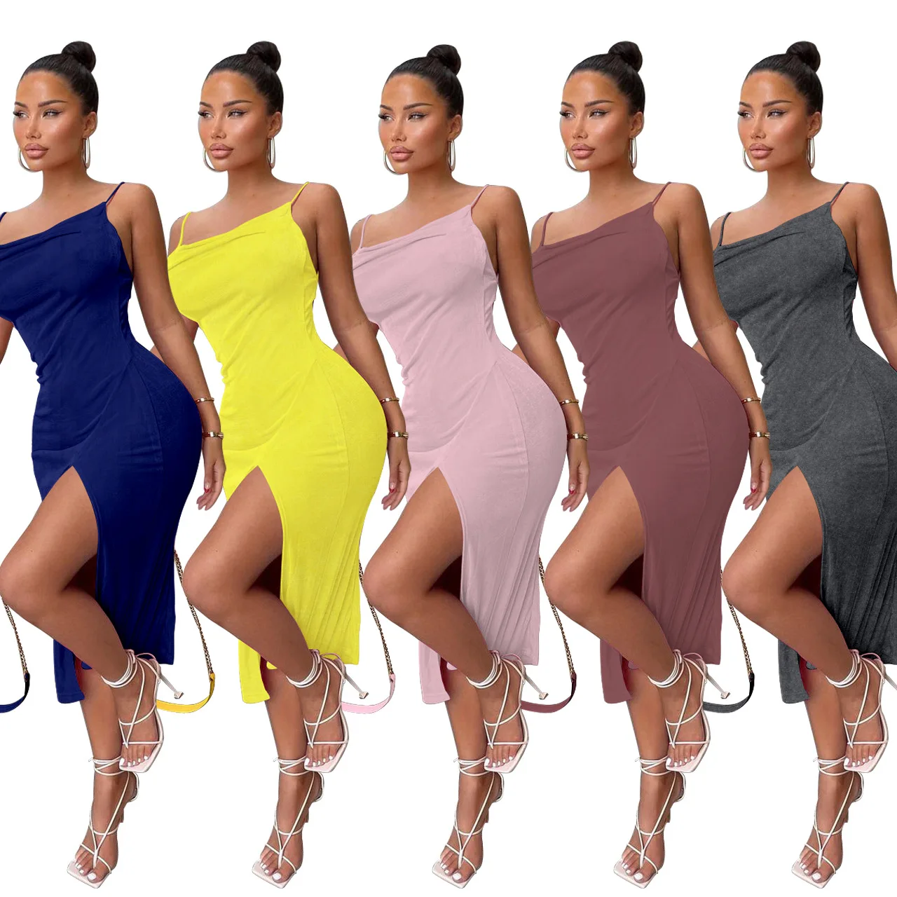 

F20178A Hot sale new summer pure color Sleeveless sexy casual dress women halter with slit backless women dress, Pink, yellow, dark red, dark gray, royal blue