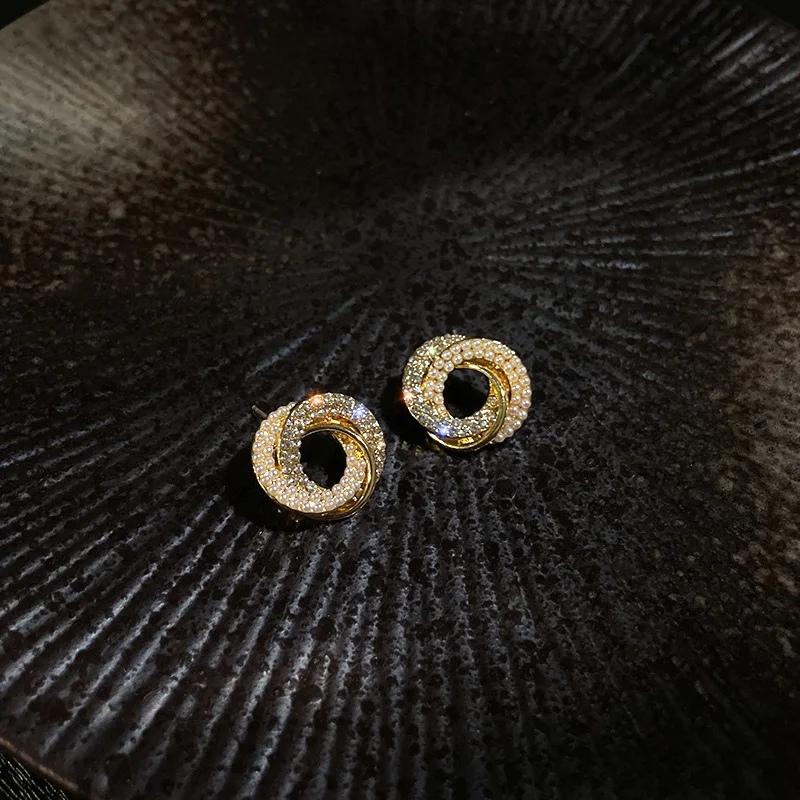 

925 Silver Needle Shining Crystal Pearl Stud Earrings Rhinestone Double Round Circle Stud Earrings for Women Girls