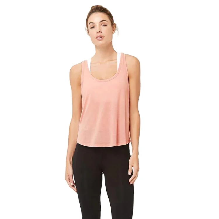 

KY sexy see through coral scoop neck back V cutout sleeveless blouse oversized armholes Active Tank lady top