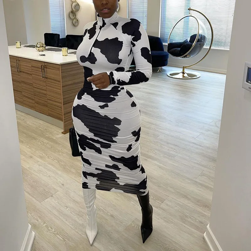 

Winter women new contrast color high neck zipper slim sexy bag hip cow print long dresses