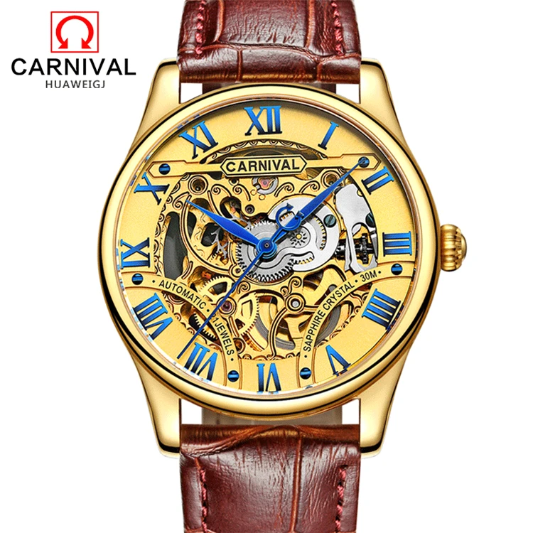 

CARNIVAL 6420G Men's Luxury Brand Mechanical Wristwatches Male Military Sport Waterproof Skeleton Gold Watch reloj hombre