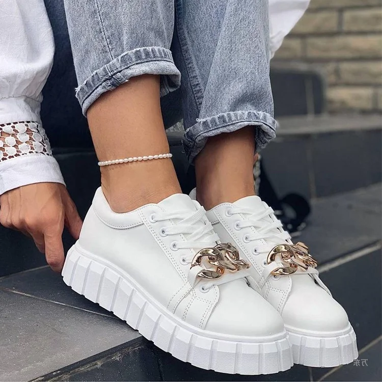 

Wholesale Price 2021 Autumn Black White Thick Bottom Metal Chain Round Toe Lace-Up Casual Sports Fashion Women Sneakers, White/black