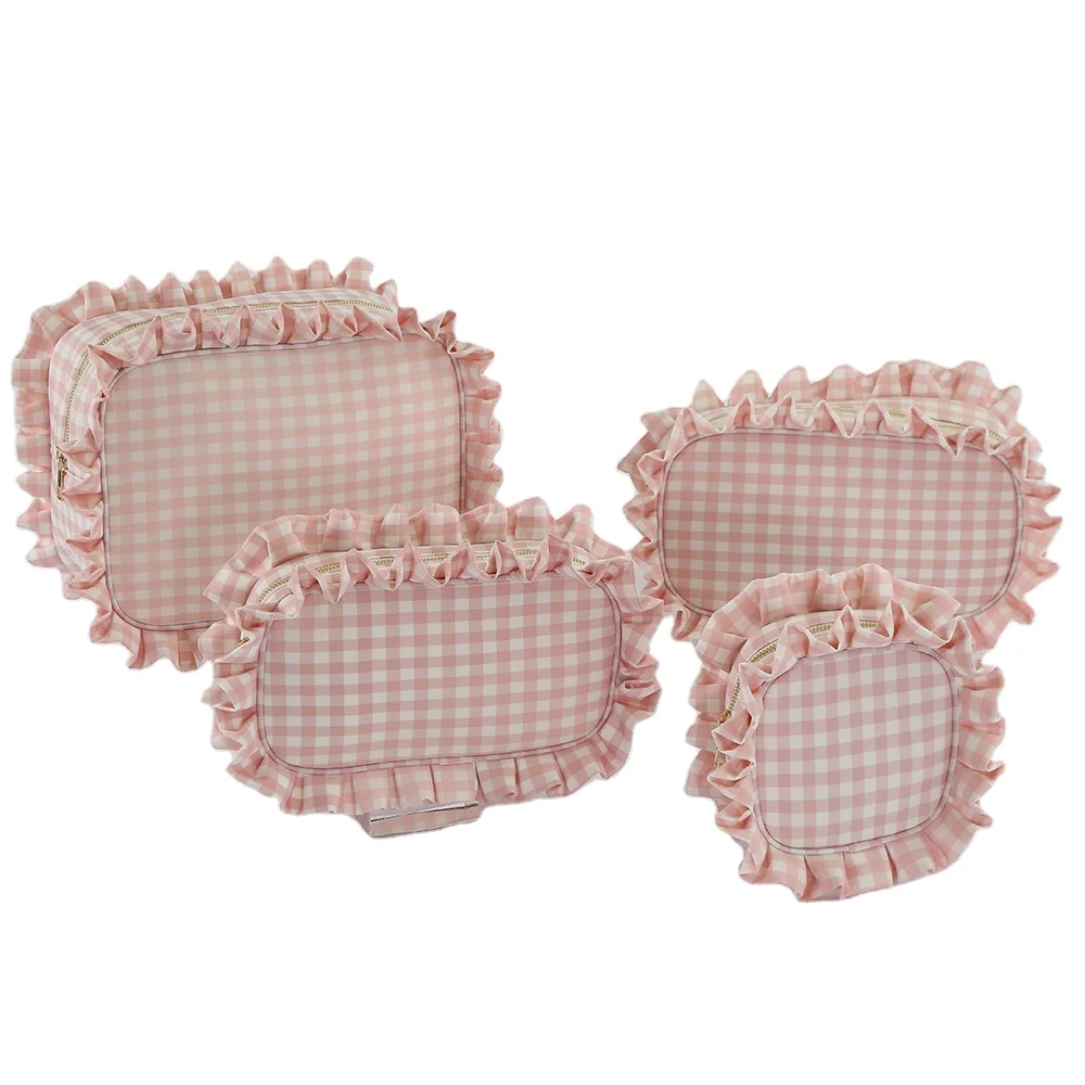 

RTS New Arrivals Personalized Women Pink Gingham Toilet Bag Cosmetic Makeup Bag Travel Zipper Pouch