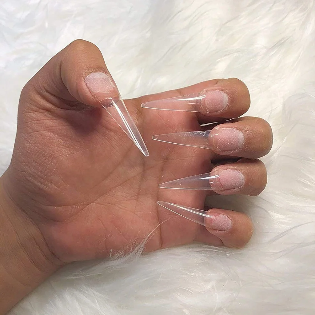 

500pcs/Box 10 Sizes Acrylic Nail Tips Half Cover Pointed Long Artificial False Nail Clear Natural XXL Stiletto Nail Tips, Picture