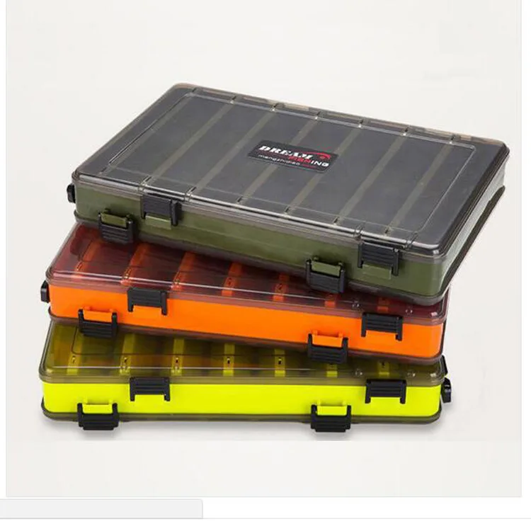 

Amazon Hot Selling Waterproof Double Sided Visible Hard Fishing Tackle Container Fishing Lure Box with 14 Compartments, Green, orange, yellow, white