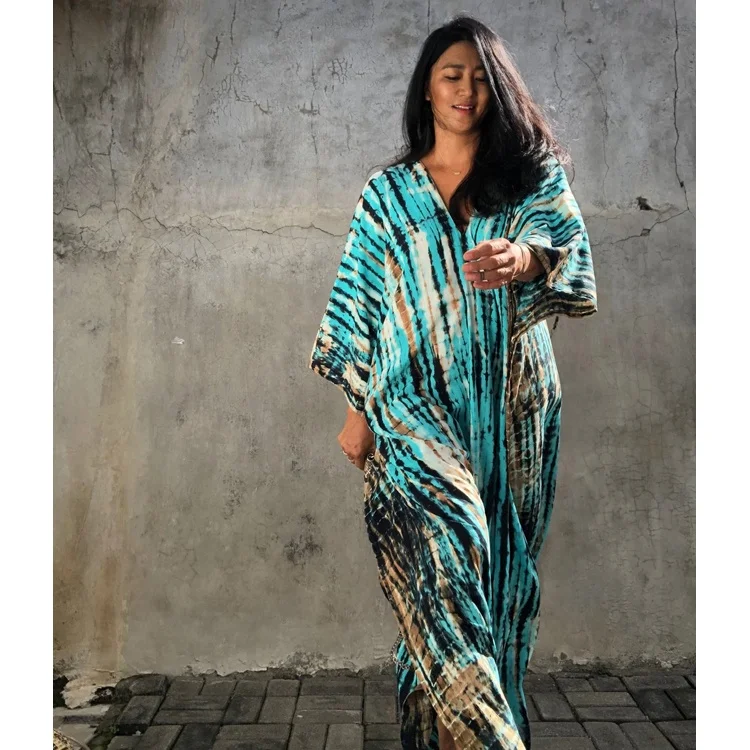 

Women Wholesale Morrocan Kaftan Fashion Designer Blue Print Elastic Long Cover Up Dress