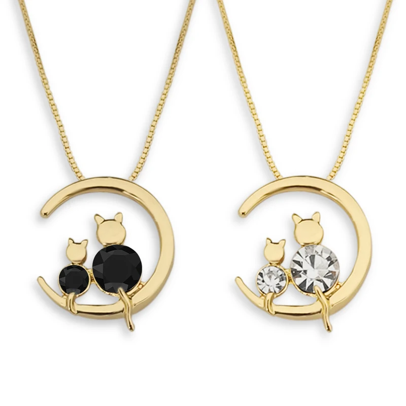 

Moon Shape Cat Pendant Cute Design Gold Plated Black Crystal Chain Goldtone Necklaces Gift