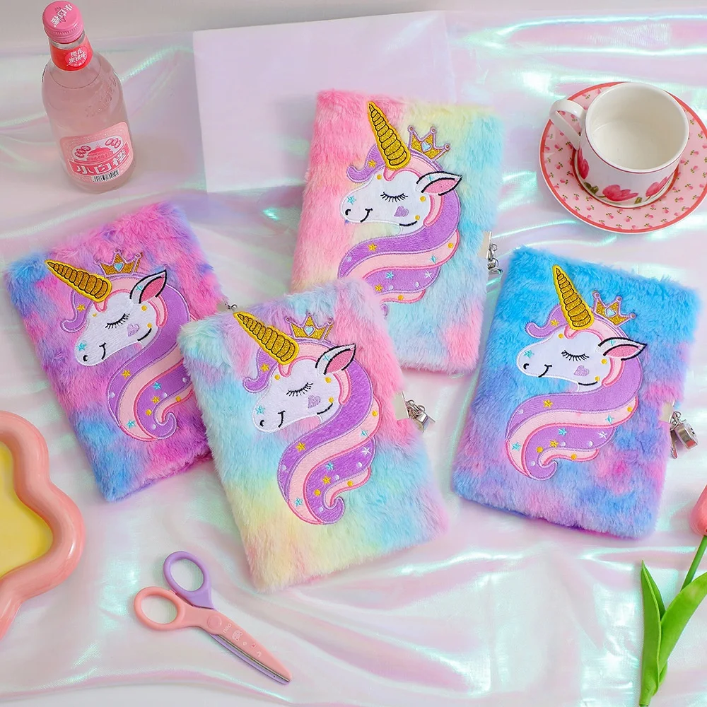 

Creative cute cartoon unicorn notebook plush diary with lock and key for girl