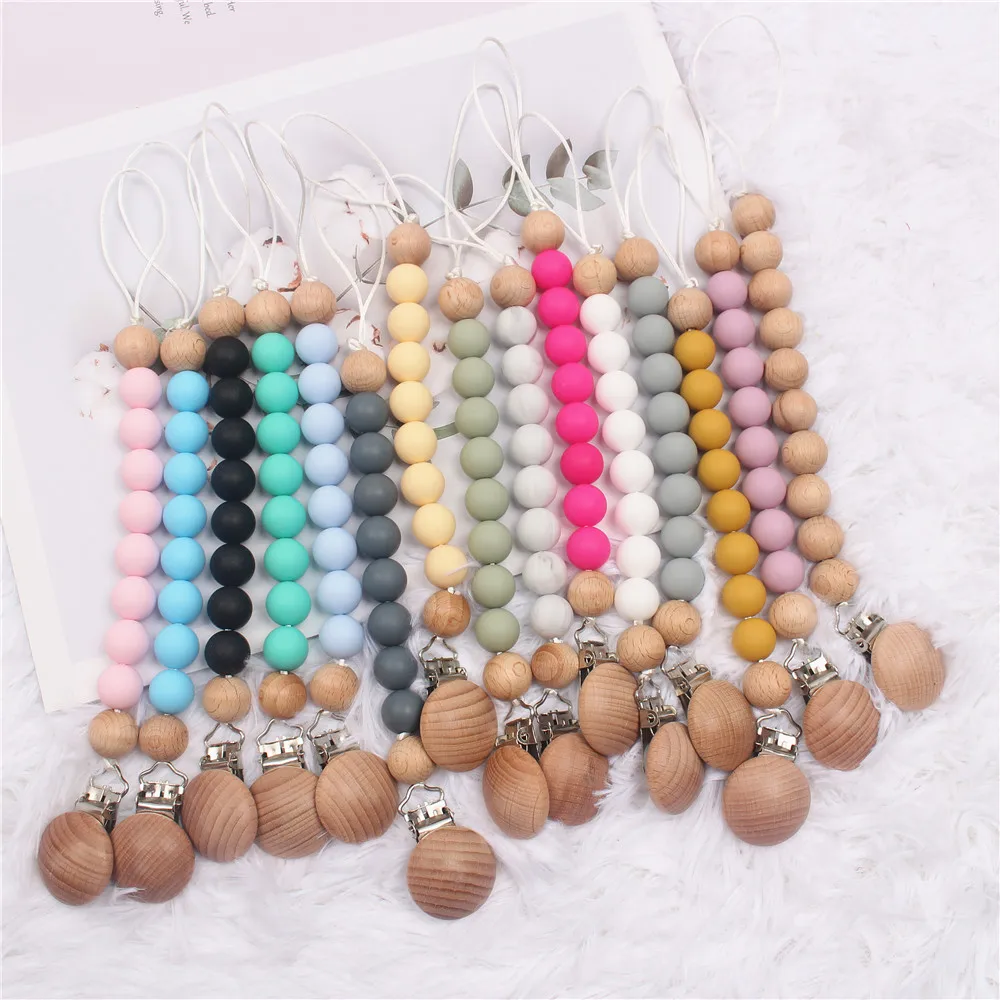 

Customized Color Wood Pacifier Clips Chain Silicone Beads BPA Free Dummy Clip Holder Soother Baby Teething Toys Shower Gifts