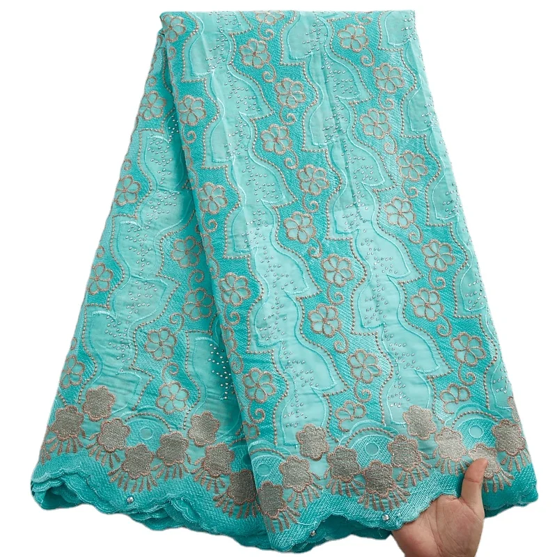 

Tissu Africain Coton African Dry Lace Fabric Materials Nigerian Embroidery Cyan Cotton With Stones Swiss Voile Lace Sew 2419, As shown in the photos