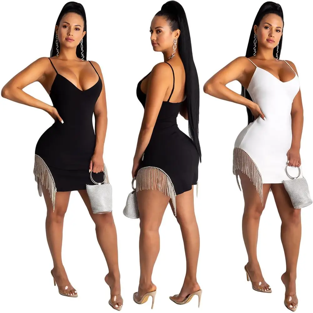 

YJ5090 women fashion white black sexy bodycon mini fringe dress