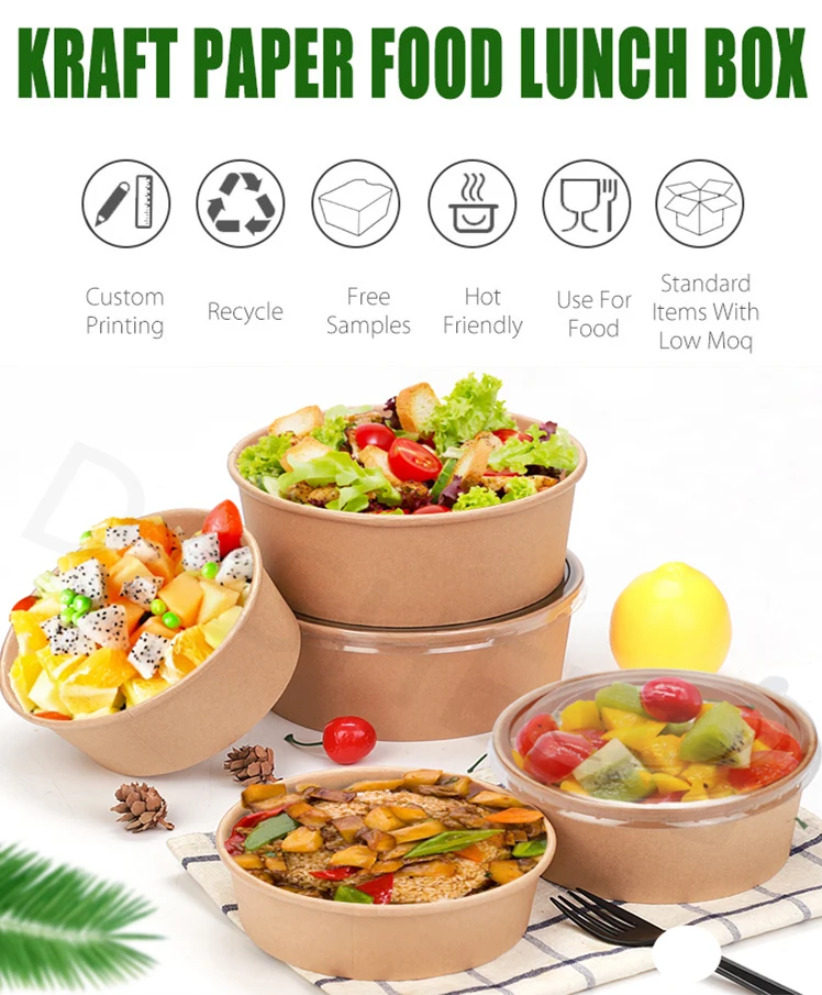 Eco Kraft Paper Disposable Round Cardboard Salad Food Bowls Container